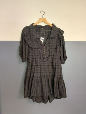 Free People Black Textured Dress with Ruffle Neck